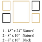 Set of natural wood and black frames with dimensions and color labels.