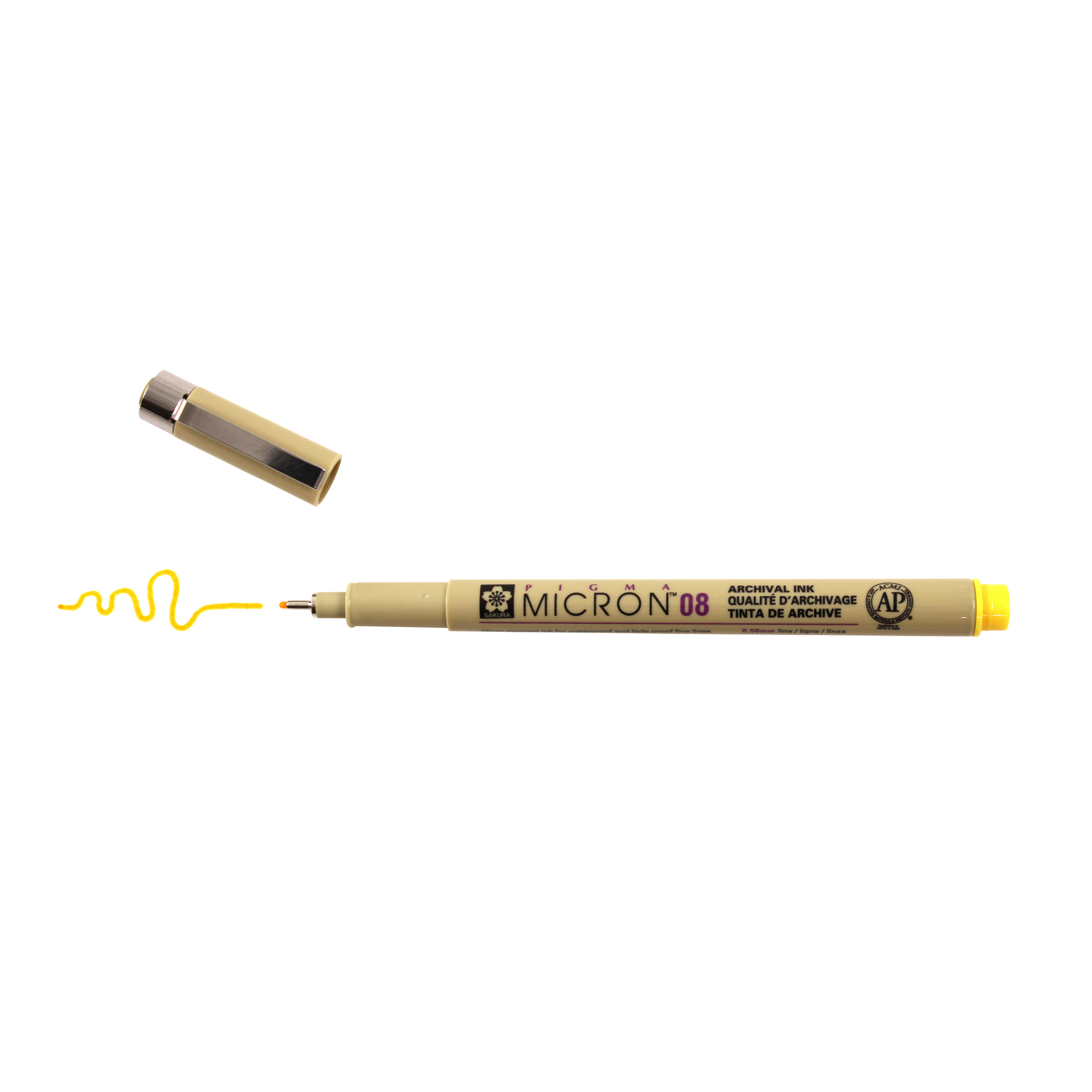 Sakura Pigma Micron Pen - Yellow, 08 point, cap off