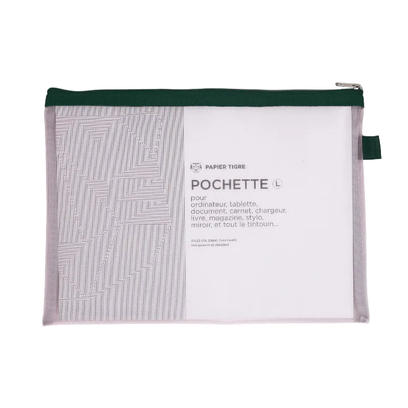 Pouch with geometric pattern and text on a white background