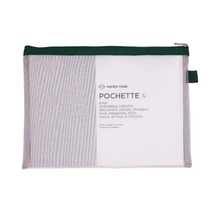 Pouch with geometric pattern and text on a white background