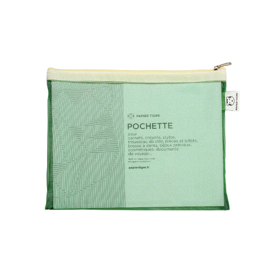 Green mesh pouch with zipper on a white background
