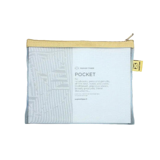 Light blue pouch with beige zipper on a white background