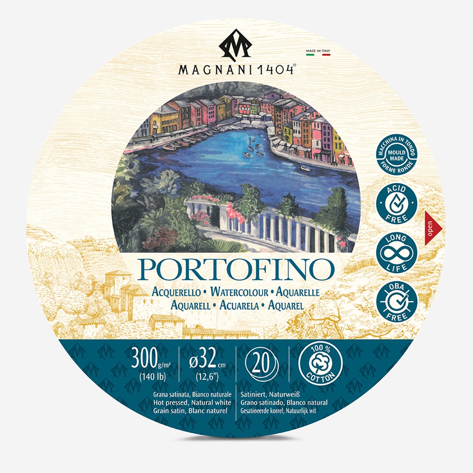 Magnani Portofino Watercolour Block Natural White Hot Pressed 300gsm, Round 32 cm