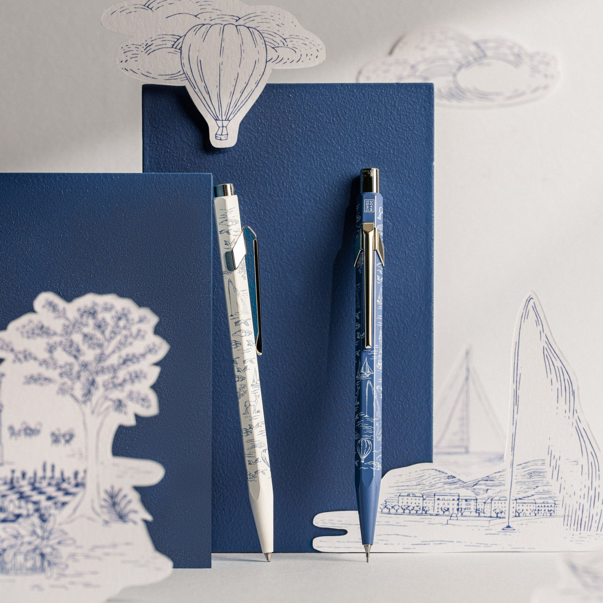Caran d'Ache Toile de Jouy 849 writing set, cream pen and blue mechanical pencil