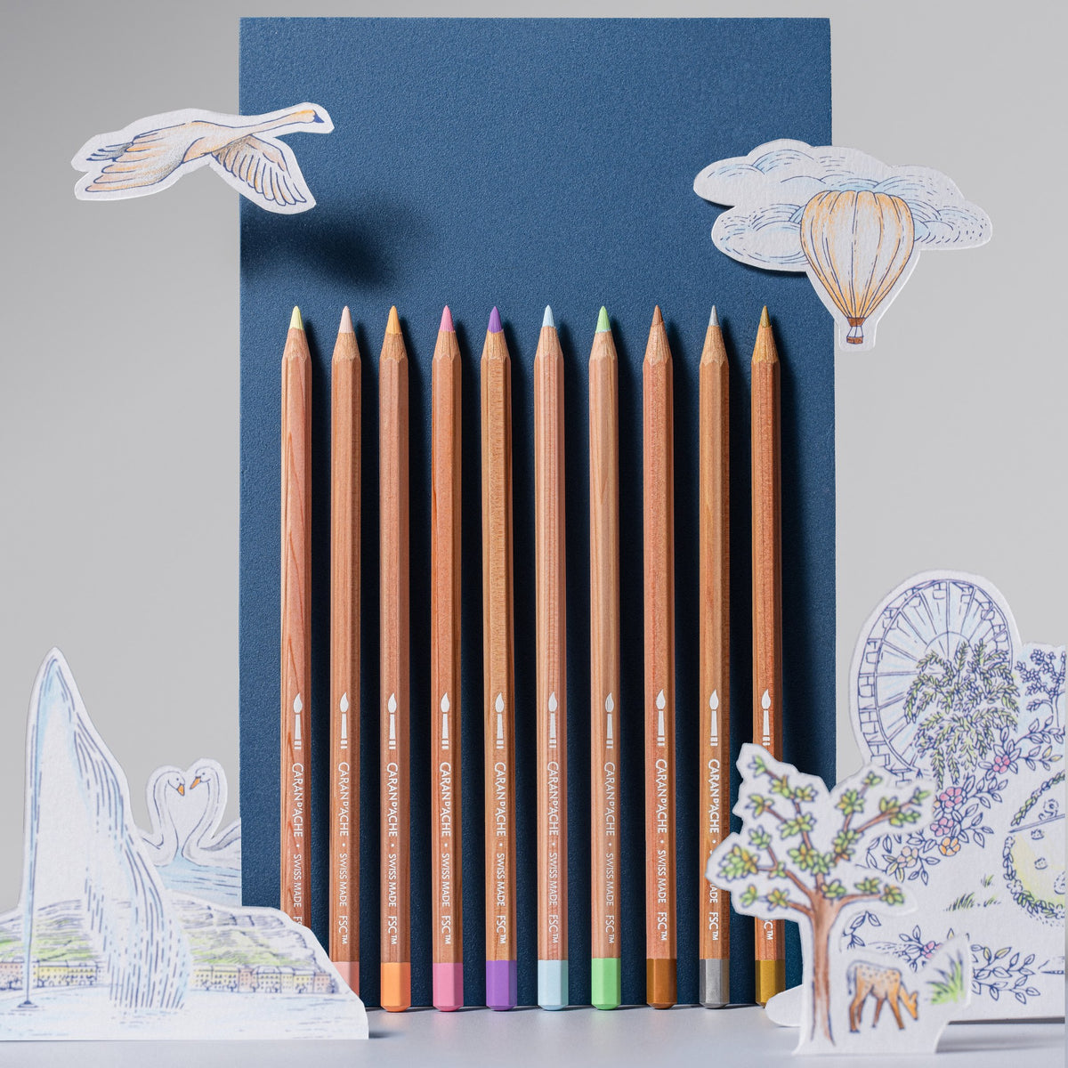 Caran d'Ache Toile de Jouy 10 water-soluble coloured pencils in pastel and metallic colours