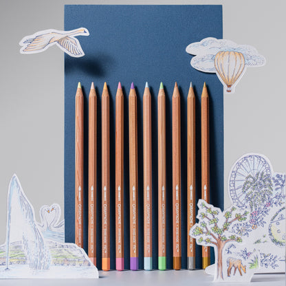 Caran d'Ache Toile de Jouy 10 water-soluble coloured pencils in pastel and metallic colours