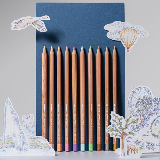 Caran d'Ache Toile de Jouy 10 water-soluble coloured pencils in pastel and metallic colours