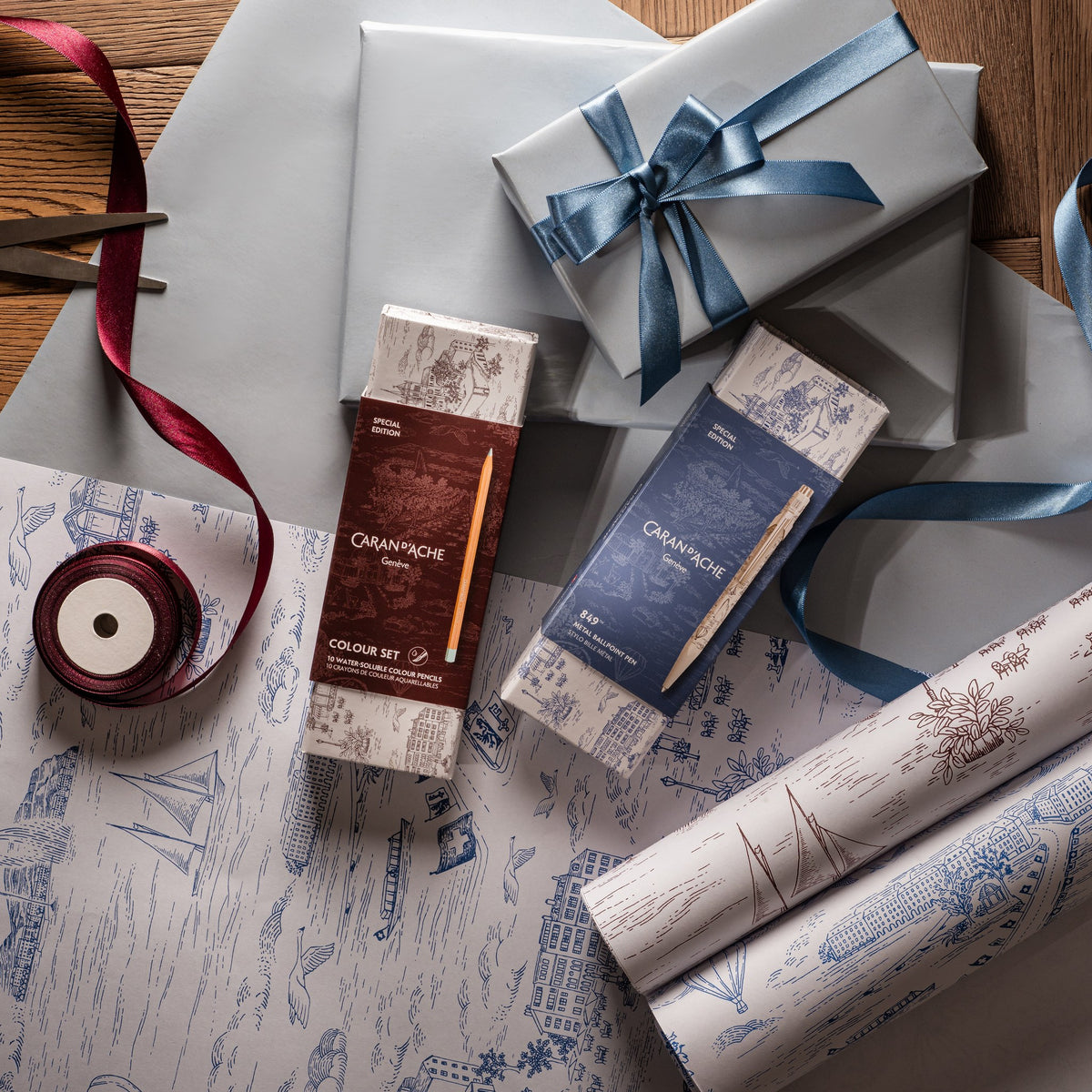 Caran d'Ache Toile de Jouy Colour Set gift-wrapped with ribbon