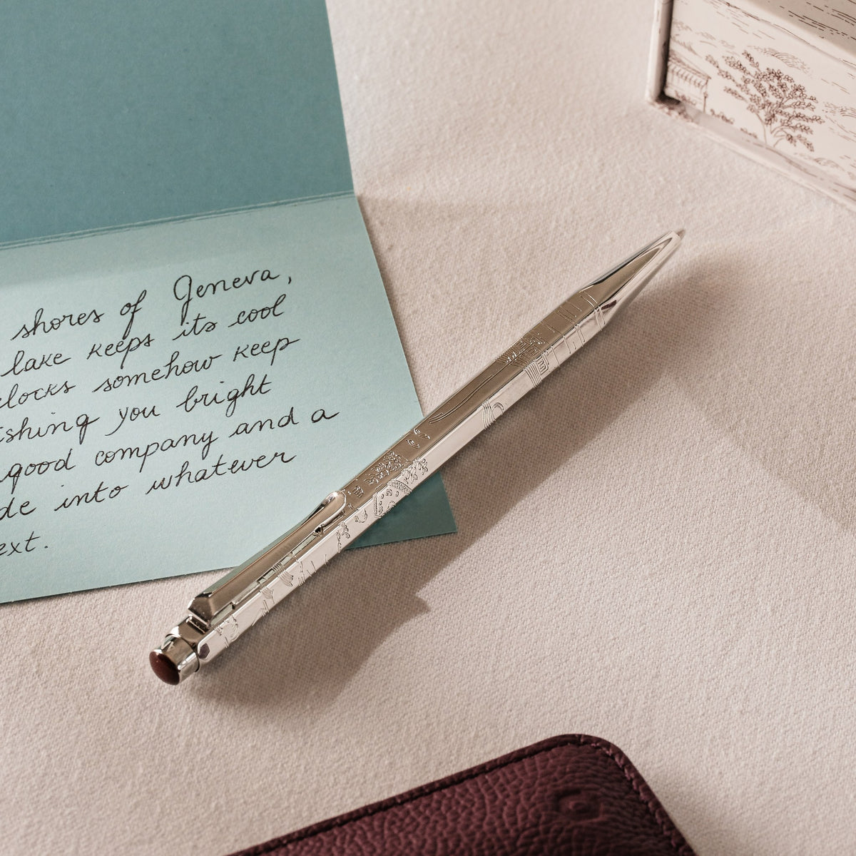Caran d'Ache Toile de Jouy Ecridor ballpoint pen on a handwritten card