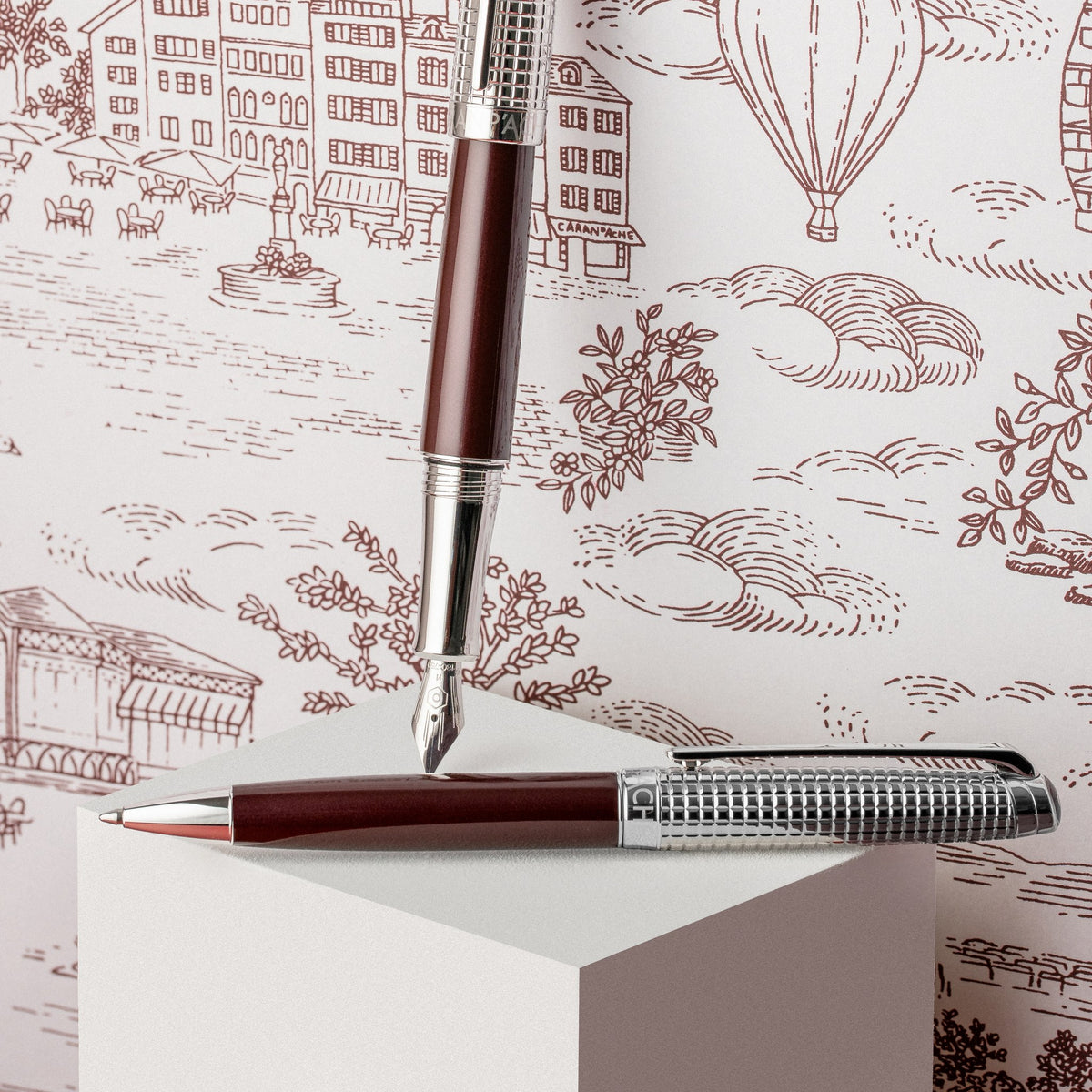 Caran d'Ache Toile de Jouy Léman ballpoint and fountain pens on the Toile de Jouy pattern