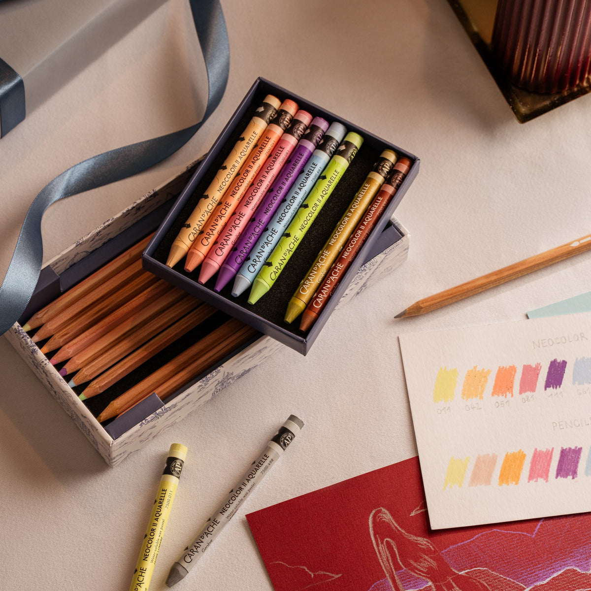 Caran d'Ache Toile de Jouy Mixed Media Set with colour swatch card