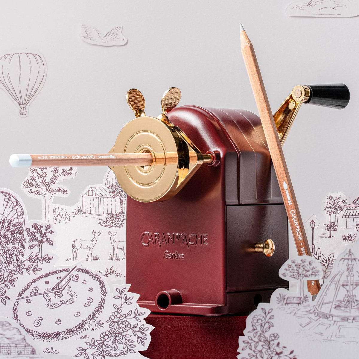 Caran d'Ache Toile de Jouy sharpening machine with Geneva paper cut-outs
