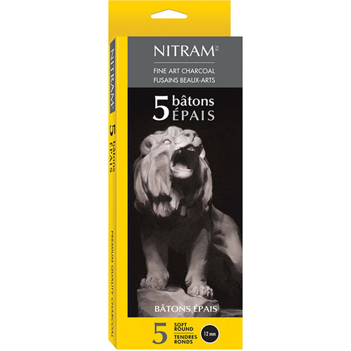 Nitram Fine Art Extra Soft Charcoal Box of 5 epais Round 12mm