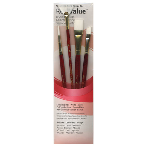 Princeton RealValue Brush Set of 4 - Red Label Synthetic White Taklon; #6R, #2Fan, ⅝"W, ⅜"A