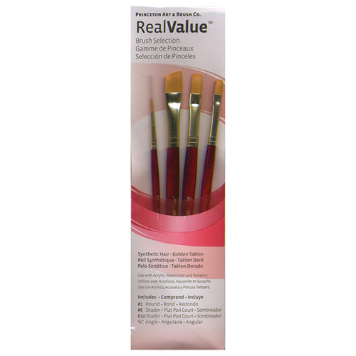 Princeton RealValue Brush Set of 4 - Red Label Synthetic GOLDEN Taklon; Round 2, Shader 6, 10, Angle 1/2