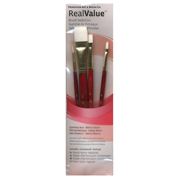 Princeton RealValue Brush Set of 4 - Red Label Synthetic White Taklon; Round 2, Shader 4, 8, Wash 3/4