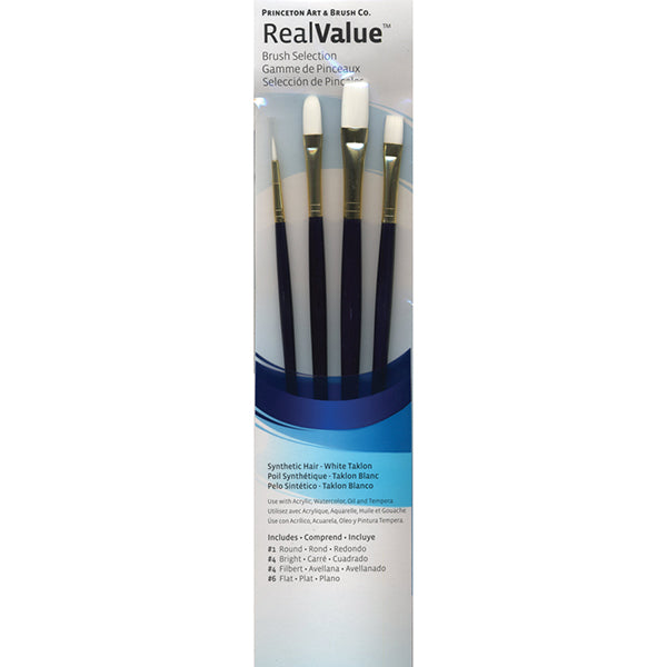 Princeton RealValue Brush Set of 4 - Blue Label Synthetic White Taklon; Round 1, Bright 4, Filbert 4, Flat 6