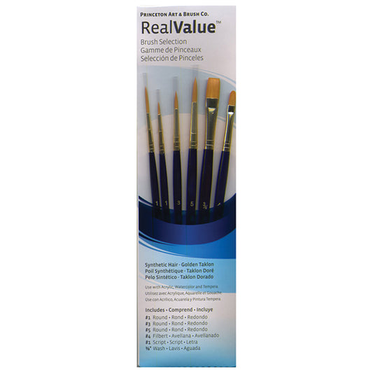 Princeton RealValue Brush Set of 6 - Blue Label Synthetic Golden Taklon; #1R, #3R, #5R, #4FB, #1S & ⅜"