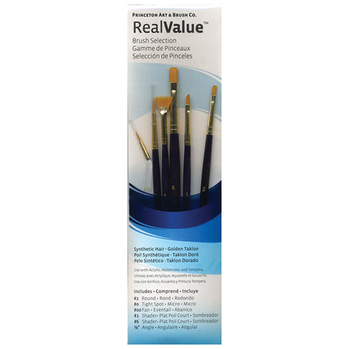 Princeton RealValue Brush Set of 6 - Blue Label Synthetic GOLDEN Taklon; #2R, #0, #00F, #2S, #6S & ⅛"A