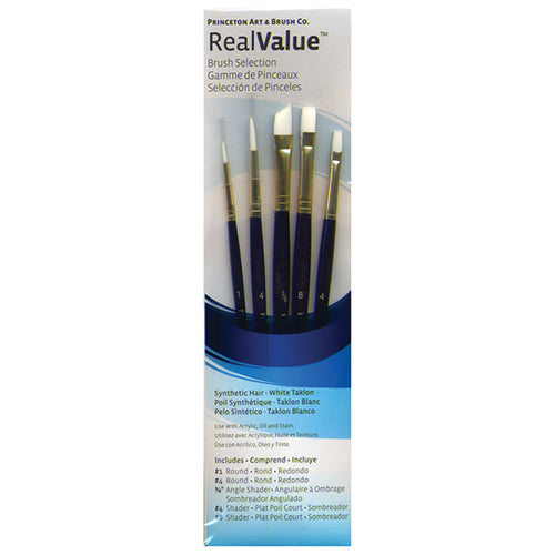 Princeton RealValue Brush Set of 5 - Blue Label Synthetic White Taklon; Rnd 1, 4,  Ang Shader 3/8, Shader 4, 8