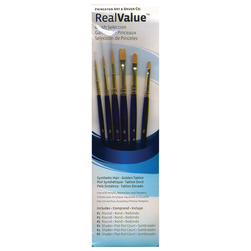 Princeton RealValue Brush Set of 6 - Blue Label Synthetic Golden Taklon; Rnd 1, 3, 5, Shader 2, 4, 6