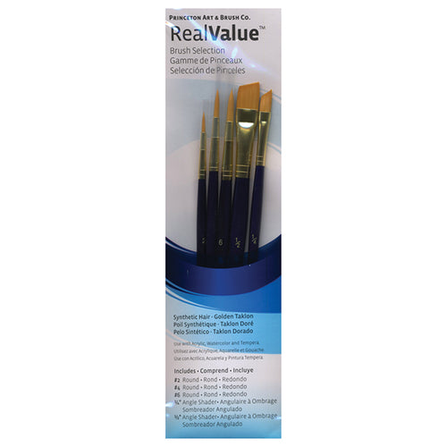 Princeton RealValue Brush Set of 5 - Blue Label Synthetic Golden Taklon; Rnd 2, 4, 6, Ang Shader 1/4, 1/2