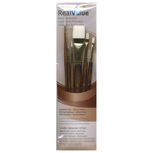 Princeton RealValue Brush Set of 6 - Brown Label Synthetic White Taklon; Rnd 3/0, 2, Liner 1, Shader 4, 6, Wash 3/4