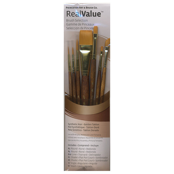 Princeton RealValue Brush Set of 7 - Brown Label Synthetic Golden Taklon; Rnd 2, 4, Liner 2/0, Shader 2, 6, Angular 1/4, Wash 3/4