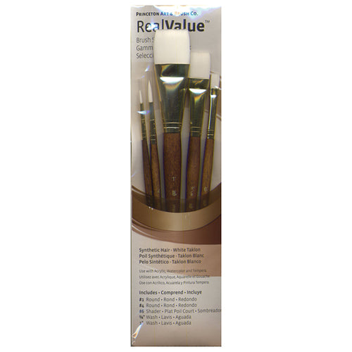 Princeton RealValue Brush Set of 5 - Brown Label Synthetic White Taklon; Rnd 1, 4, Shader 6, Wash 5/8, 1