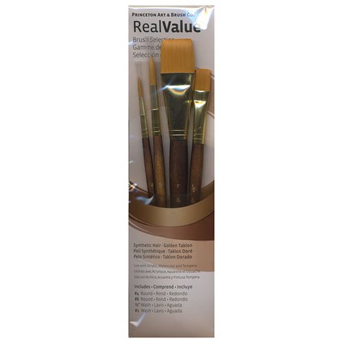 Princeton RealValue Brush Set of 4 - Brown Label Synthetic Golden Taklon; Rnd 4, 8, Wash 1/2, 1