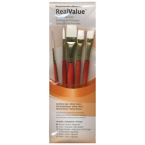 Princeton RealValue Brush Set of 5 - Orange Label Synthetic White Taklon ;#8R, #2L, ½"A, ½"W & ¾"W