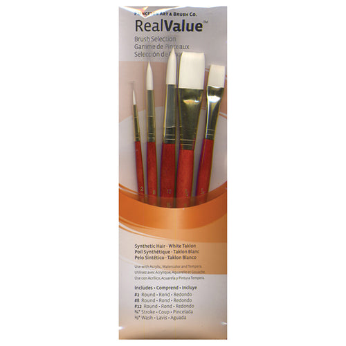 Princeton RealValue Brush Set of 5 - Orange Label Synthetic White Taklon; #2R, #8R, #12R, ¾"S & ½"W