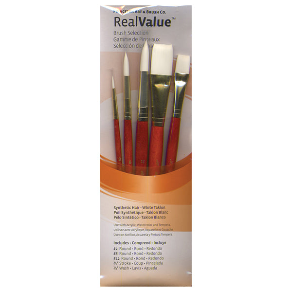 Princeton RealValue Brush Set of 5 - Orange Label Synthetic White Taklon; #2R, #8R, #12R, ¾"S & ½"W