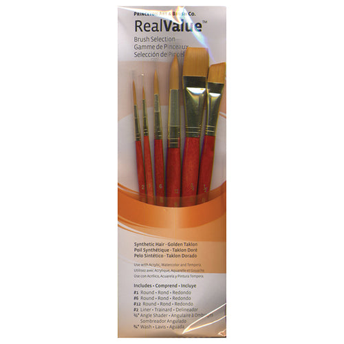 Princeton RealValue Brush Set of 6 - Orange Label Synthetic Golden Taklon; Rnd 1, 6, 12 Liner 2, Ang Shader 1/2, Wash 3/4