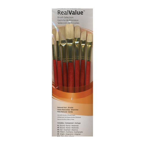 Princeton RealValue Brush Set includes: Bristle; Round 2, 6, Bright 6, Filbert 8, Fan 6, Flat 10, Angular 6