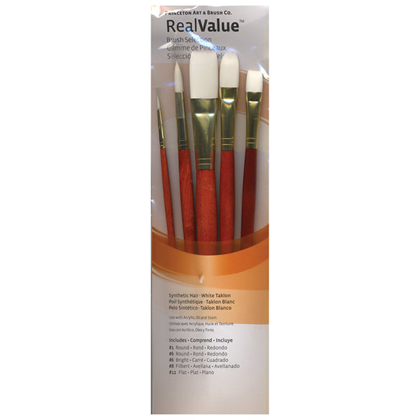 Princeton RealValue Brush Set of 6 - Orange Label Synthetic White Taklon; Rnd 1, 6, Brt 6, Flb 8, Flat 12