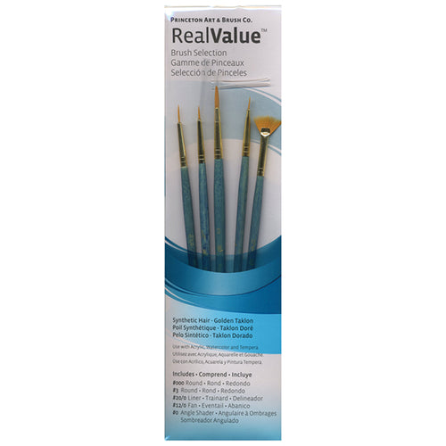 Princeton RealValue Brush Set of 5 - Turquoise Label Synthetic White Taklon; #000R, #3R, #20/0L, #12/0F & #0A