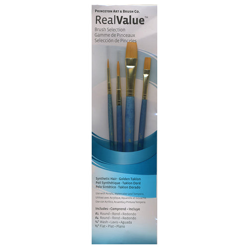 Princeton RealValue Brush Set of 4 - Turquoise Label Synthetic Golden Taklon;  Rnd 1, 4, Wash 1/4, Flat 1/2
