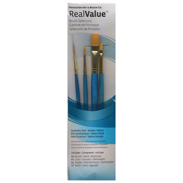 Princeton RealValue Brush Set of 4 - Turquoise Label Synthetic Golden Taklon; Rnd 3, Liner 1, Shader 4, Wash 1/2