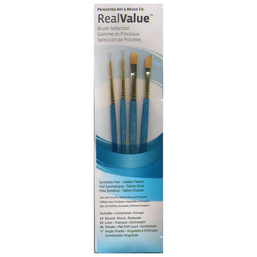 Princeton RealValue Brush Set of 4 - Turquoise Label Synthetic Golden Taklon; Rnd 3, Liner 2,  Shader 6, Ang Shader 1/4