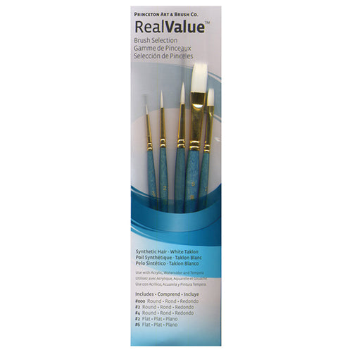 Princeton RealValue Brush Set of 5 - Turquoise Label Synthetic White Taklon; Rnd 3/0, 2, 4, Flat 2, 6