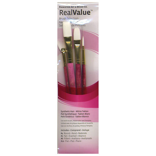 Princeton RealValue Brush Set of 4 - Pink Label Synthetic White Taklon; Rnd 4, Fan 2, Flb 6, Flat 10