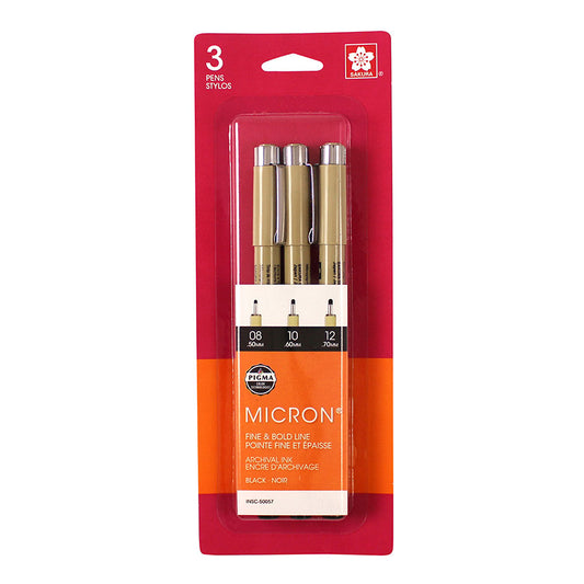 Sakura Pigma Micron Pen - Black Fine & Bold Line Set of 3 (08, 10, 12)