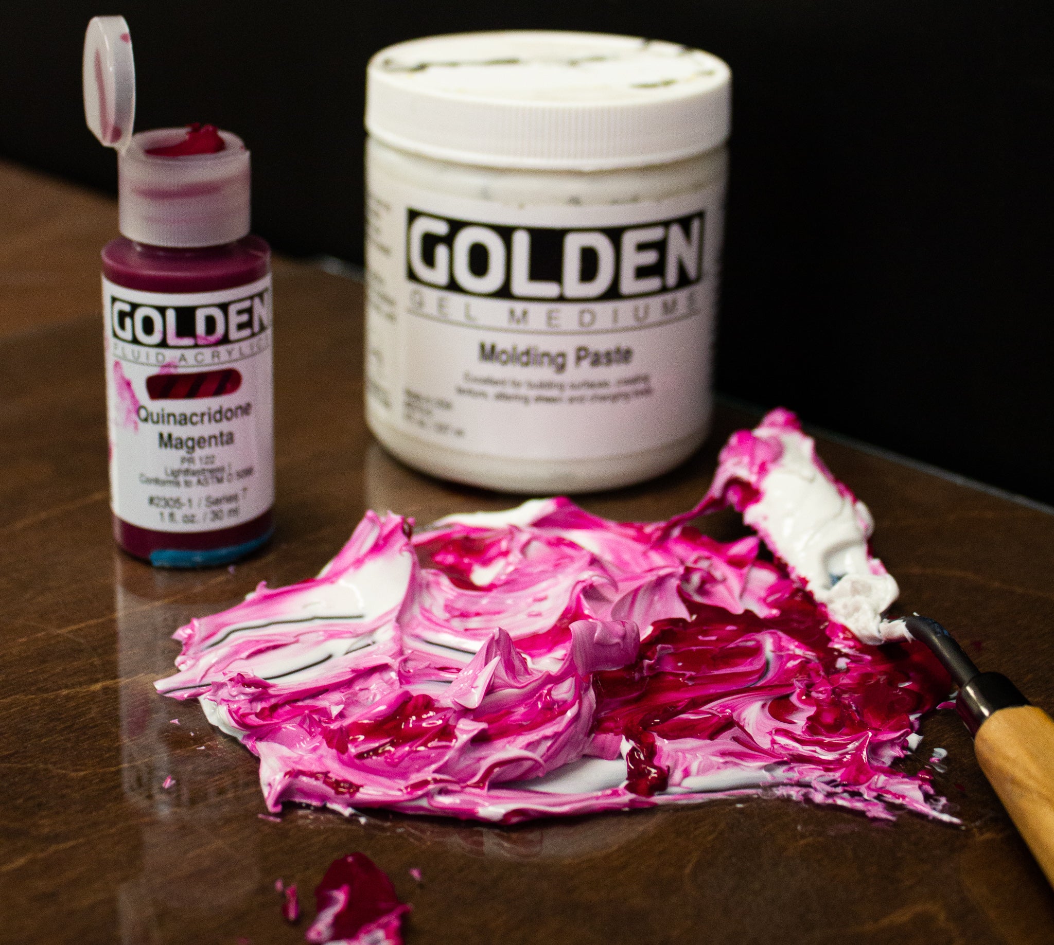 GOLDEN Molding Paste mixed with Quinacridone Magenta Fluid Acrylic