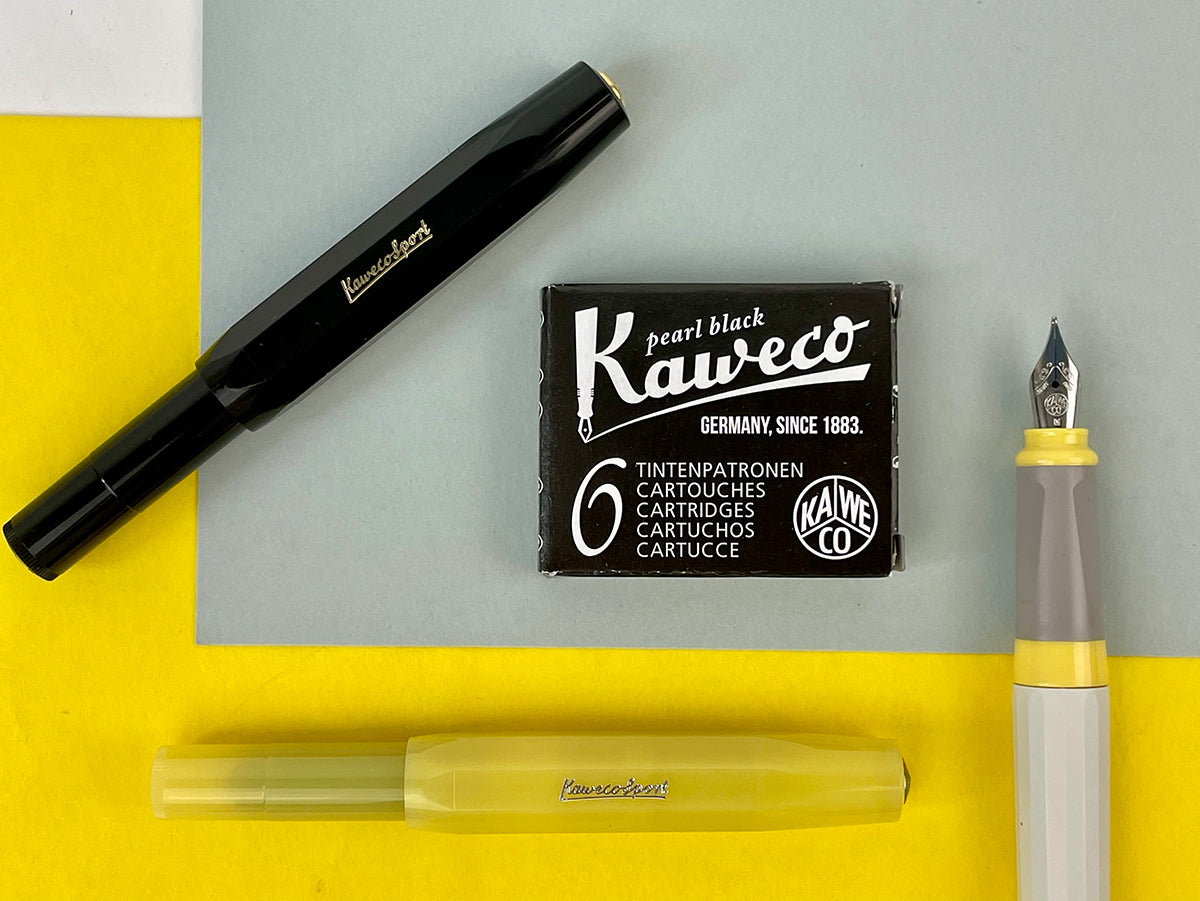 Kaweco Sport and Perkeo Fountain Pens next to Kaweco Pearl Black Ink Cartridges